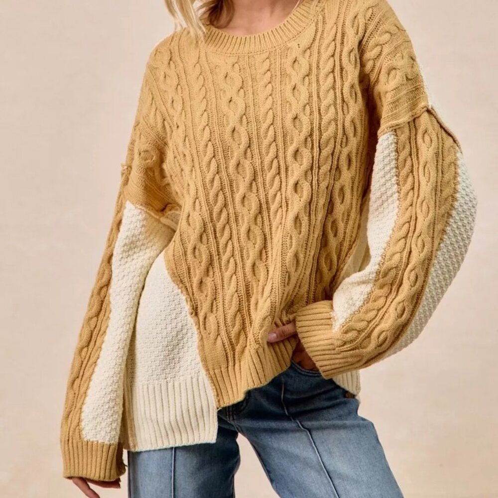 BiBi Cable Knit With Hacci Combo Sweater With Uneven Hem‎ Detail
